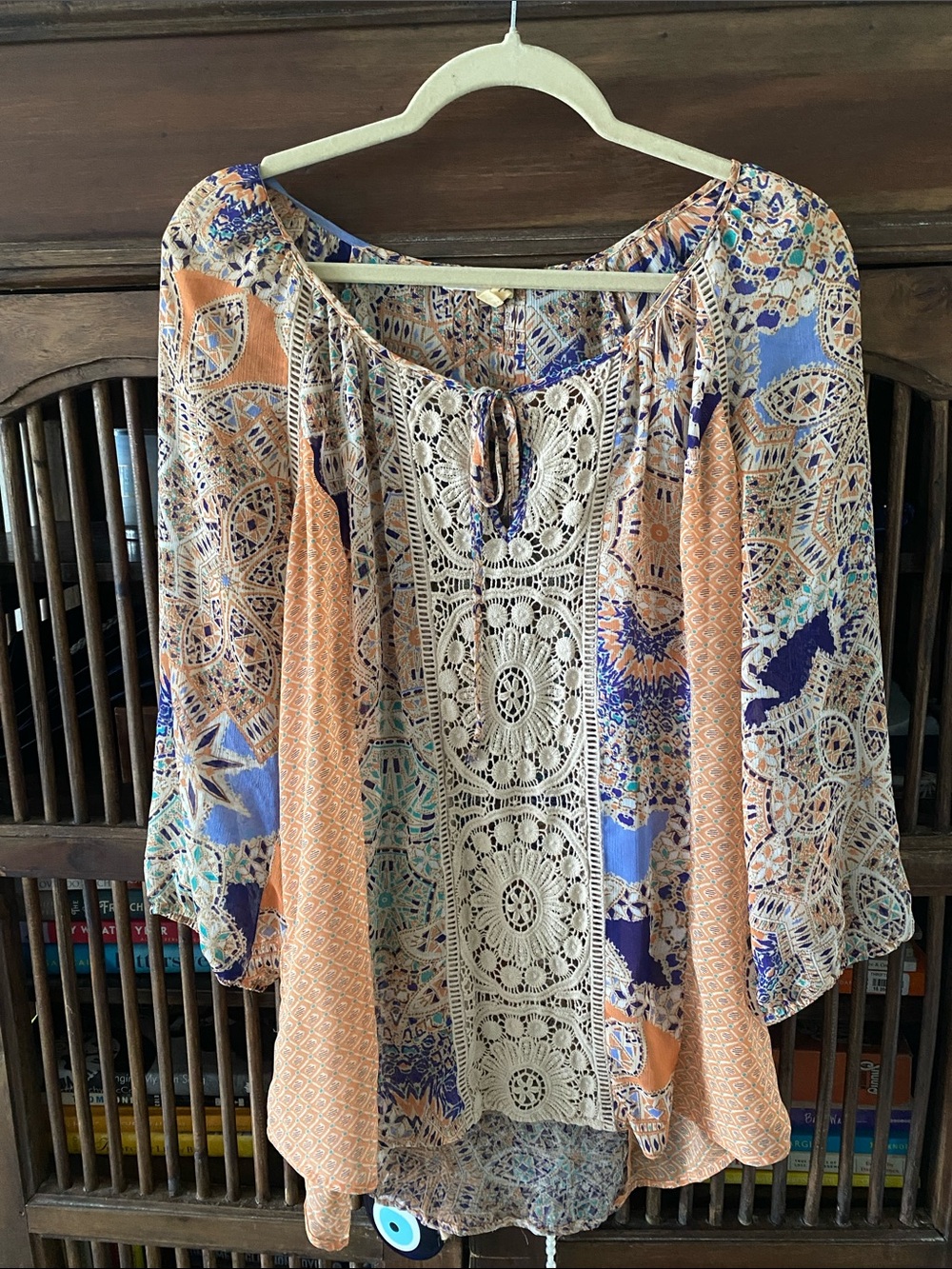 Meadow Rue Peach, Blue & Cream Crochet-Front Boho Tunic